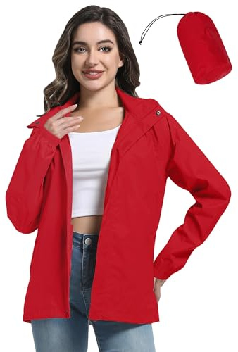 ATLASLAVA Regenjacke Damen Dünne Faltbar Fahrradjacke Wasserdicht Leicht Outdoorjacke mit Kapuze Fahrrad Wandern Rot XL