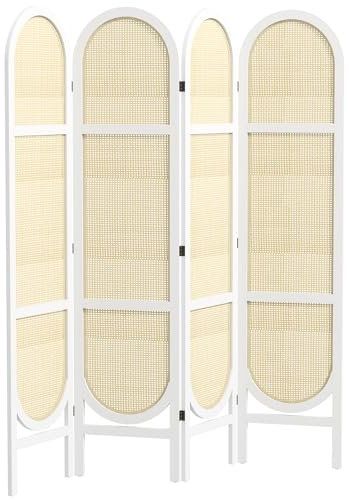 HOMCOM Biombo Interior de Madera, 4 Paneles 170 x 160 cm, Separador de ambientes Plegable y portátil, diseño Tejido a Mano, Separador de ambientes para salón Dormitorio hogar, Blanco