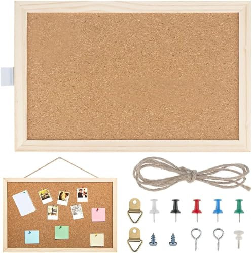 Bacheca in sughero, materiale di fissaggio e perni a pressione inclusi nella confezione, per cucina e ufficio, scuola e casa, lavagna per appunti, 20 x 30 cm, in sughero con cornice in legno, colore