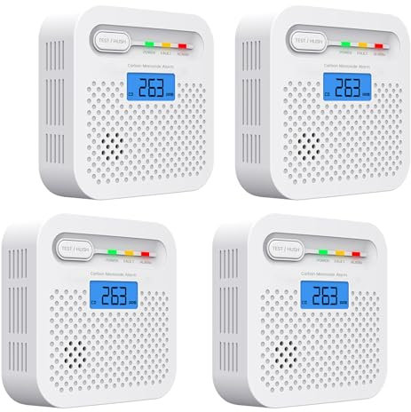 Detector de monóxido de Carbono Inteligente, Alarma de monóxido de Carbono con LED WiFi para el hogar, Detector de Alarma CO con monitoreo Remoto por App y batería de 10 años, Compatible Alexa. 4PCS