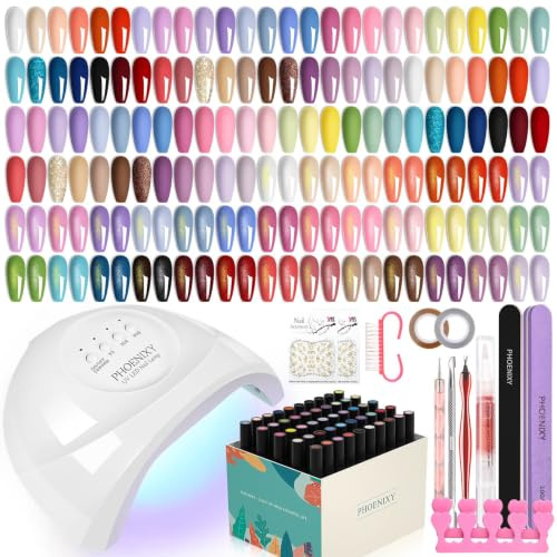 Phoenixy Gel Nail Polish Set, 50Pcs Gel Nail Kit with 48W U V Lamp Nail Set | 45 Colours Gel Nail Polishes with Base Top Matte Glitter Golden Coat Complete Tools Manicure Kit Gifts for Women