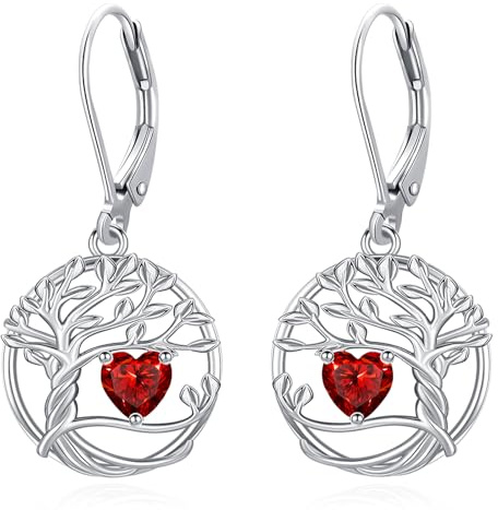 Eusense Boucles d'Oreilles Arbre de Vie avec Cœur en Pierre de Naissance Bijou Cadeau Personnalisable pour Femmes Filles