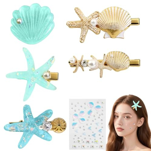 Set de 6 Accesorios para El Cabello de Sirena Cabello de Estrella de Mar, Pinzas de Concha y Pegatinas Faciales de Sirena Ideal para Niñas, uso Diario, Fiestas y Disfraces