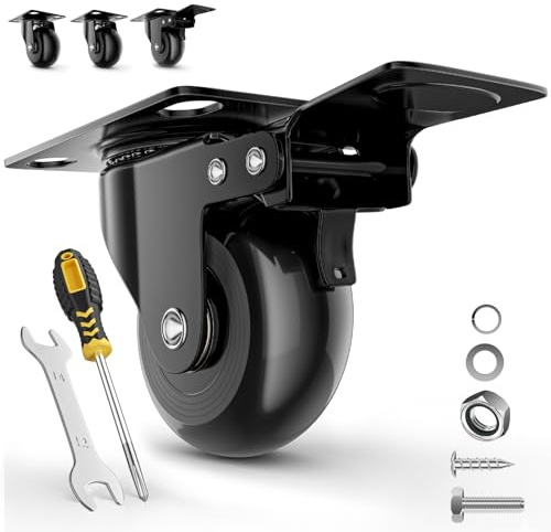 COSYLAND Ruote per Mobili Set di 4, Ruote per Carrello Piroettanti con Freno e Protezione - Rotelle PU Silenziose 300kg, Facili da Installare per Legno e Metallo (2 Frenanti + 2 Piroettanti)