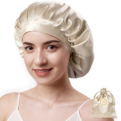 Kaome 22 Momme 100% Seda de Morera Gorro de Dormir Ajustable, Gorro de Noche de Seda de Doble Cara 6A, para Pelo Rizado y Largo, Suave y Antideslizante, Transpirable con Bolsa
