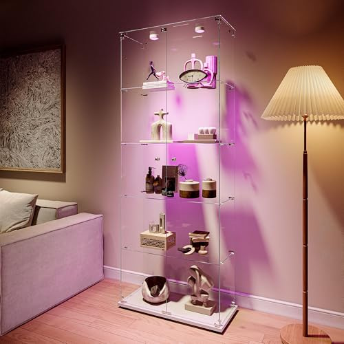 TIMORWTF - Vitrina de cristal con LED, armario para colección, 2 puertas con cerradura, 5 estantes ajustables, 186 x 78 x 34 cm, color blanco