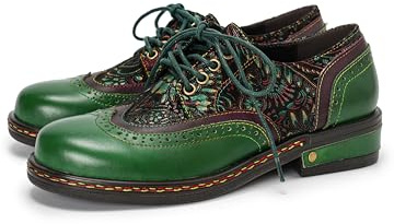 CrazycatZ Women's Leather Oxford Shoes Perforated Lace up Wingtip Colorful Leather Oxfords Vintage (Dark Green, Adult, Women, 9, Numeric, US Footwear Size System, Medium)