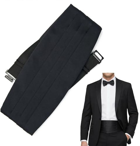 BLPRKOT Cinturón de smoking para hombre negro, ajustable hasta 122 cm de cintura, talla única, con 4 pliegues clásicos, elegante y sofisticado, accesorio ideal para bodas, galas y eventos formales