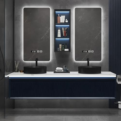 Tocador de baño de doble lavabo con espejos inteligentes y gabinete de cristal, diseño flotante de 84 pulgadas, incluye lavabo de encimera y encimera de pizarra