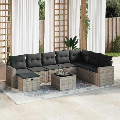 kithwjll Ensemble de meubles de jardin 9 pièces gris en poly rotin, salon avec groupe de sièges, salle à manger, meubles de terrasse et de balcon, meubles d'extérieur pour terrasse, balcon et jardin