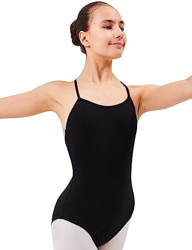 tanzmuster ® Ballettanzug Mädchen Träger - Leonie - aus Baumwolle, Ballettbody Ballett Trikot in schwarz, Größe 128/134