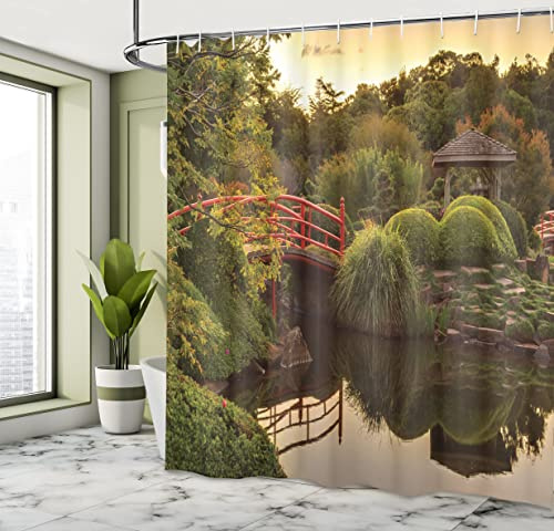 Ambesonne Japanese Shower Curtain, Peaceful Garden Twilight Reflections in Water Red Bridge on Pond Sunset, Cloth Fabric Bathroom Decor Set with Hooks, 69 W x 70 L, Green Yellow