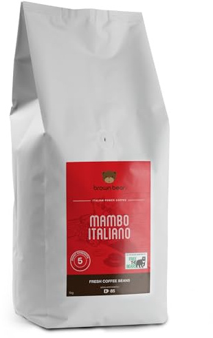 Brown Bear Mambo Italiano. Café en grano de tostado oscuro para espresso. Grano 100% arábica. Perfecto para latte, cappuccino o espresso con gran cuerpo e intensidad 5. 1 kg