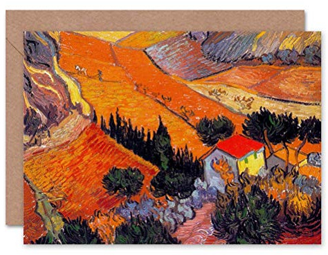 Wee Blue Coo VINCENT VAN GOGH LANDSCAPE WITH HOUSE PLOUGHMAN 1889 BLANK GREETINGS CARD