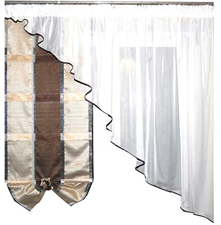 FK-Lampem TOP färdig gardine av Voile NEU Top Design Set vackert kök-gardine med örttbandAG27 modern (brun)