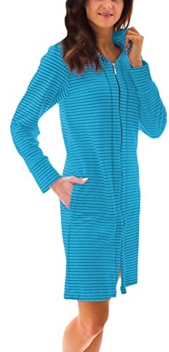 Aquarti Damen Bademantel Morgenmantel mit Reißverschluss Streifen Kurz Baumwolle, Farbe: Streifenmuster Türkis, Größe: XL