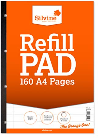 Silvine 160 Page A4 Refill Pad, Side Bound and Punched 4 Holes. Ruled 8mm Feint with Margin. Ref A4SRPFM, Single