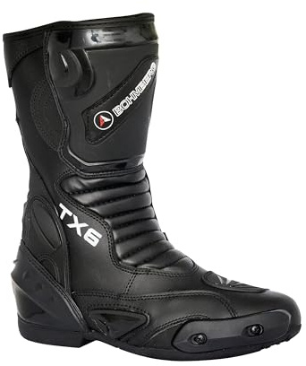 Bohmberg TX6 Herren Motorradstiefel, ergonomisch, Motorradschuhe aus stabilem Leder mit aufgesetzten Hartschalenprotektoren Schwarz 46