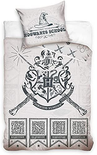 Harry Potter Wende-Bettwäsche School 135 x 200 + 80 x 80 cm 100% Baumwolle Renforcé-Linon-Qualität Gryffindor Slytherin Hufflepuff Ravenclaw HP Hogwarts mit Reißverschluss deutsche Größe 272