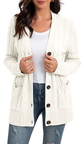 GRECERELLE Women's Knit Long Cardigans Jumpers Cardigan with Pockets with Buttons Ladies Loose Long Sleeve Knitwear Oversized Sweater Cardigan for Autumn Winter Spring (White, XXL)