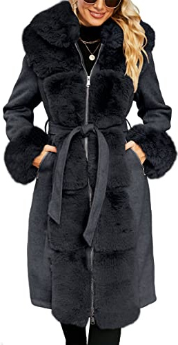 Giolshon Veste Doublée de Mélange de Laine pour Femme avec Capuche et col en Fourrure Épaissir Long Pardessus Ceinturé 244A Noir L