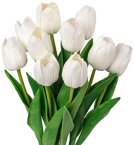 VaryFloral 10 Tulipanes Artificiales Blancos de Tacto Real, Tulipanes Blancos de látex de Poliuretano, Flores sintéticas, Ramo de Flores de Primavera, Tulipanes Falsos para decoración de Bodas,