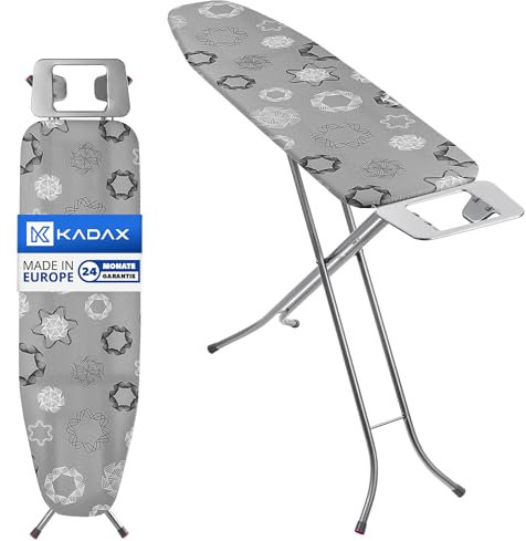 KADAX Bügelbrett 114x34cm Bügelfläche, Klappbares Dampfbügelbrett mit Metallgitter, Bügeleisenablage & 5 mm Polsterung, höhenverstellbar, mit Antirutschfüßen, Made in EU (Dreiecke)