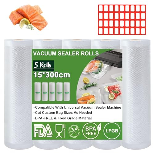 Omtofo Vakuumpåsar, 5 rullar vakuumfilm, 15 x 300 cm, vakuumpåsar, vakuumpåsar, matlåda, BPA-fri, rivbeständig, 190 µm, vakuumfolie för alla