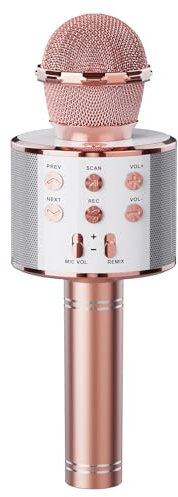 Micrófono Karaoke Bluetooth 4 en1 Wireless Inalámbrico Microphone Grabadora de Altavoz de Karaoke Portátil Canta Partido Musica Casa KTV, Compatible con Android/iPhone/iPad/PC-Rosa