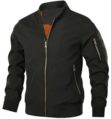 HOOD CREW Blouson aviateur pour homme, manteau d'extérieur coupe-vent léger et décontracté, avec fermeture Éclair et poches, style printemps-automne, noir, X-Large