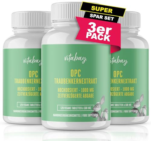 Vitabay OPC Traubenkernextrakt 1000 mg Hochdosiert - 360 Vegane Kapseln Time Released - Traubenkernextrakt mit Polyphenole - natürliche Pflanzenstoffe ohne unerwünschte Zusatzstoffe - Laborgeprüft