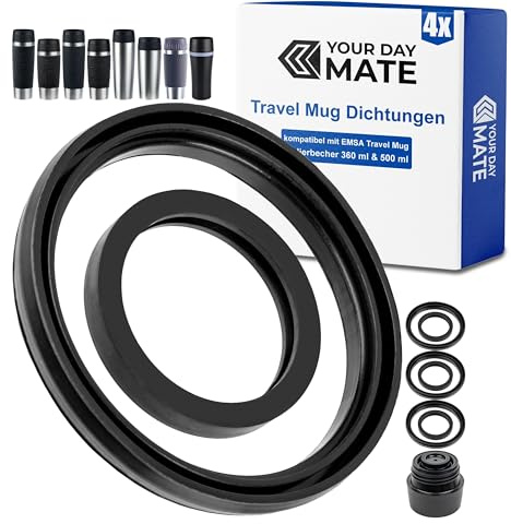 Ersatz Dichtringe Set, 4 Sätze, kompatibel mit EMSA TRAVEL MUG 360 ml Classic, 500 ml Grande, mit Komfort-Schraubverschluss und Vorgängermodell, aus Lebensmittel-Silikon, Isolierbecher Dichtungen Kit