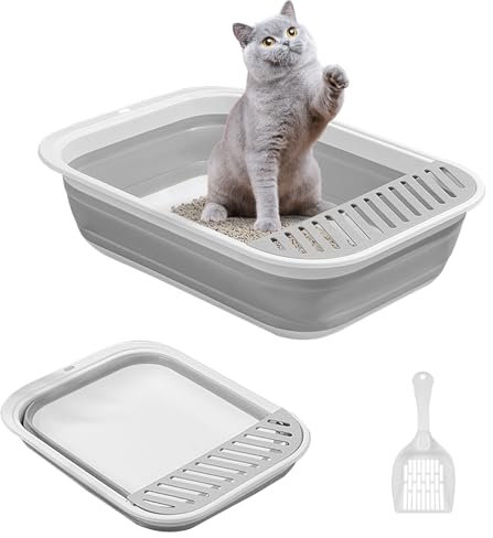 KMDZDZGS Katzentoilette Flach, Faltbare Katzentoilette Mit Schaufel, 45 * 34 * 12.5cm Katzenklo Niedrig mit Rand Katzen, Reisetoilette Katze, Katzenklo Flach