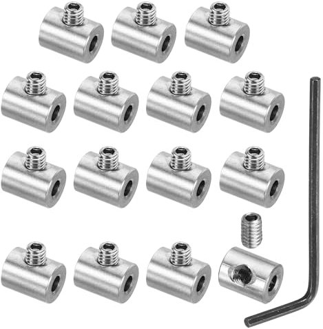 PATIKIL 4mm Hole Wire Rope Clips Set, 15 Set 304 Stainless Steel Single Holes Lock Cable Clamps Clip with M4 Hexagon Screws Spanner for Cable Fitting, Silver 8x10mm