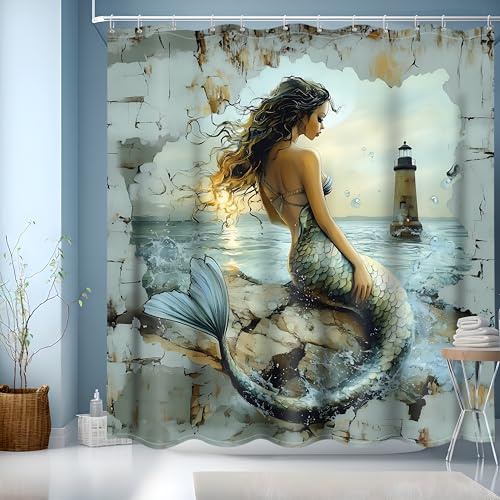 JINGYOU Tenda Doccia 180x200,Tende da Doccia,Tenda per Doccia Lavabili Tende per Vasca da Bagno Motivo Sirene Colorato con Fori Tendina Doccia Con 12 Anelli(180x200cm)