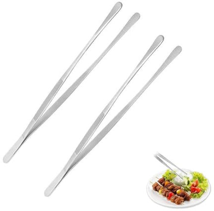 2 Pcs Kitchen Stainless Steel Cooking Tweezers Tongs Chef Tweezers 30cm/11.8in with Serrated Tips for Baking, Plating and Barbecue