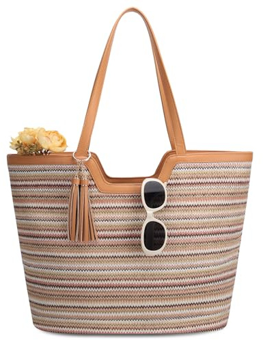 VASCHY Bolsa Playa de Paja para Mujer, Bolsa Tote Bag de Verano Bolsa de Hombro Plegable Bolsa de Mano para Shopper Viaje Bolso Bohemia con Cremallera para Uso Diario, Rayado