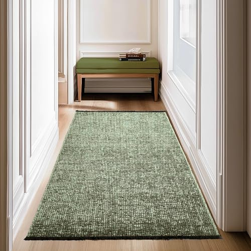 SIMPEX, Chenille Teppich Baumwolle Läufer Grün 80x150 cm Waschbar, Boho-Stil, Kurzflor, Vintage Kelim, Weich & rutschfest, Einfarbig, Für Küche, Flur & Schlafzimmer
