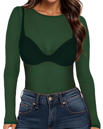 Womens Mesh Top Long Sleeve See Through Blouse Sheer Shirt(DKGR,M)