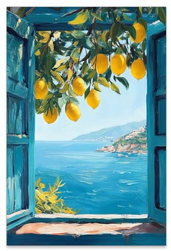 Stampa artistica da parete con finestra mediterranea con albero di limoni costieri, poster con paesaggio marino blu, immagini moderne per camera da letto, soggiorno, ufficio, decorazione 40,6 x 61 cm