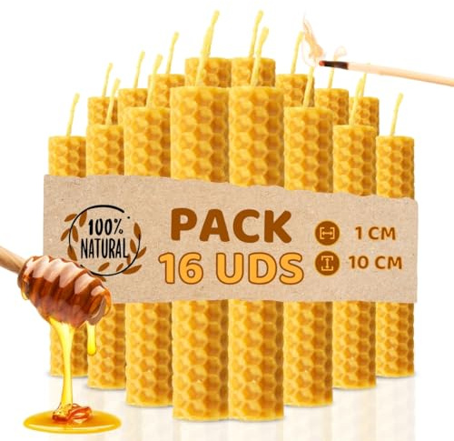 Lot de 16 bougies au miel d'abeille en cire pure 100 % naturelles espagnoles - Fabriquées à la main - Origine Espagne - Sans paraffine (lot de 16, 10 cm x 1 cm)