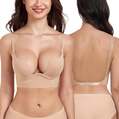 DotVol Women's Plunge Low Cut Push Up Underwire Backless Bra(Nude,36C)