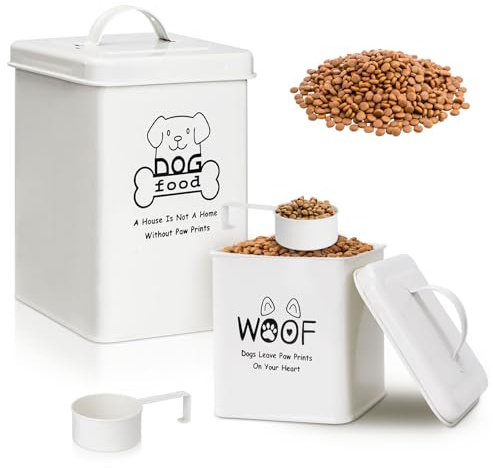 SHAIDOJIO 2PCS Contenedor de Alimentos para Perro de Metal, Blanco Recipientes Herméticos para Alimentos de Perro con Tapa y Pala para Galletas, Golosinas, Croquetas y Frutos Secos