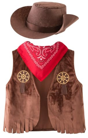 Générique Deguisement Cowboy Enfant, Costume de Shérif pour Enfant avec Chapeau de Cowboy, Gilet, Foulard et Accessoires de Cowgirl, Costume de Carnaval, Halloween, Cosplay pour Garçon et Fille