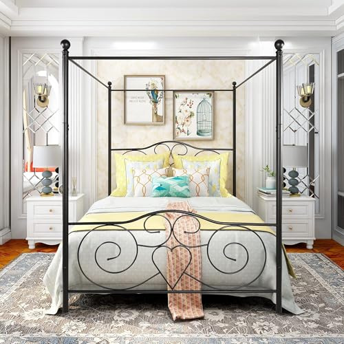 HAHRIR Marco de cama con dosel, plataforma de 140 x 200, marco de cama de metal, listones y soportes de acero resistentes con cabecero y reposapiés, no requiere muelles, 140 x 200 cm, negro
