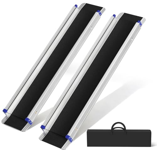 BugyKido 2PCS Wheelchair Ramp Telescopic 154cm(L) x 20cm(W) Anti-Slip & Extendable Aluminum Folding Ramps for Wheelchairs with Carry Bag for Home Front Door Stair Steps Capacity 270kg