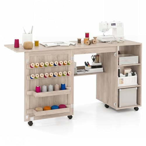 COSTWAY Folding Sewing Table, Rolling Craft Table Hobby Desk with Storage Shelves, Yarn Bins, 18 Pegs and 6 Lockable Wheels, Drop Leaf Sewing Machine Table Cabinet Computer Desk Workstation (Natural)