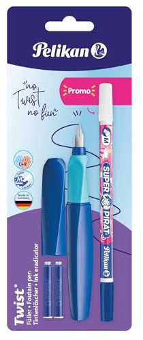 Pelikan Twist in Colori Assortiti, Penna Stilografica Ergonomica, per Destrimani e Mancini, per Scuola e Ufficio, Pennino M in Acciaio Inossidabile, 2 Cartucce Blu e Cancellino Inclusi. Ricaricabile