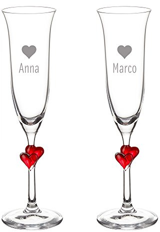 AMAVEL Set 2 Flûte da Spumante in Vetro con Cuori Rossi sullo Stelo, Incisione Personalizzata con Nomi, Dono Nozze per Coppie