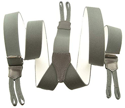 Bretelles à Boutons et Tresses Grises Unies - Larges Vintage - 120 cm x 3,5 cm - Made in France - Taille Ajustable - Pour Homme